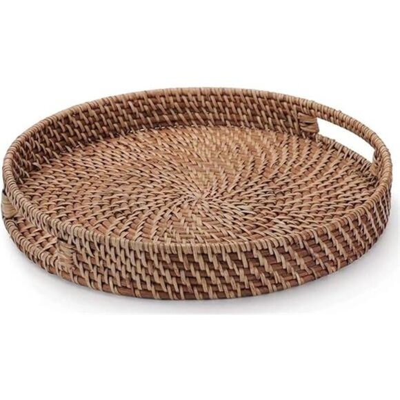 13.8 inch Rattan Tray, Round Wicker Tray with Cut-Out Handles,Woven Serving Tray - Picture 7 of 7